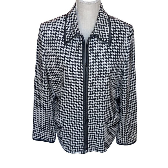 Kate Hill Size 10 Wool Blend Black/White Houndstooth Blazer w/Leather Details - Picture 1 of 12
